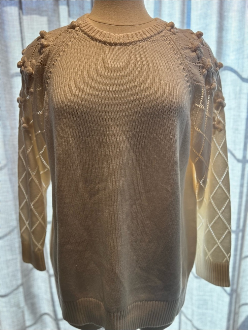 Anne Klein Cream Crewneck Sweater with Lace-Style Sleeves